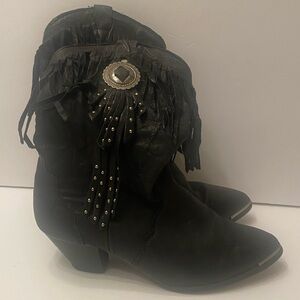 Vintage Black Frayed Buckle Charm Heeled Cowgirl Western Boots Women’s 7.5